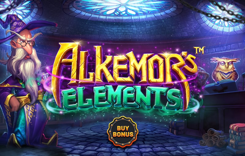 Alkemors Elements slot game interface showing reels and magical symbols